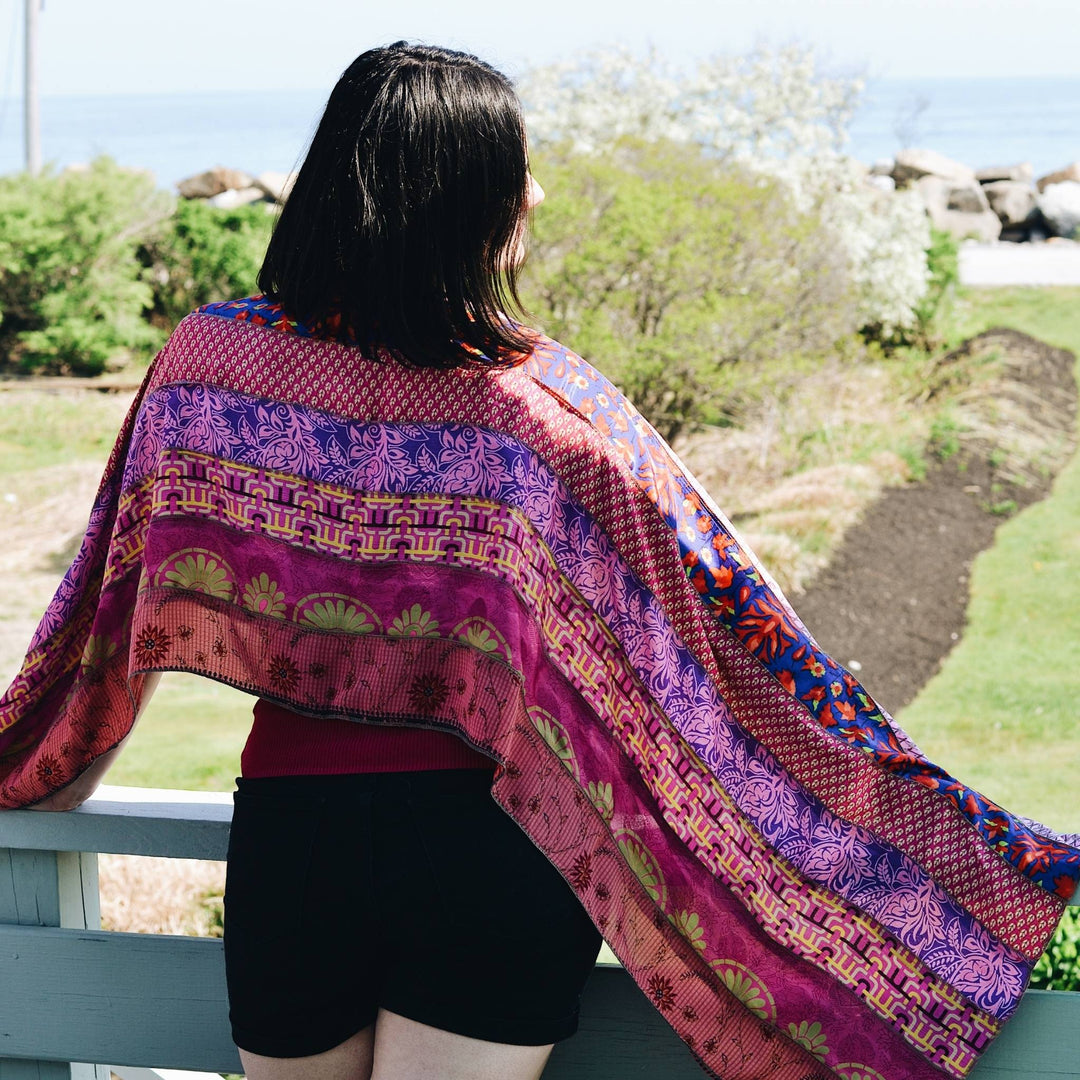 How To Style The Reclaimed Sari Medley Scarf - Darn Good Yarn