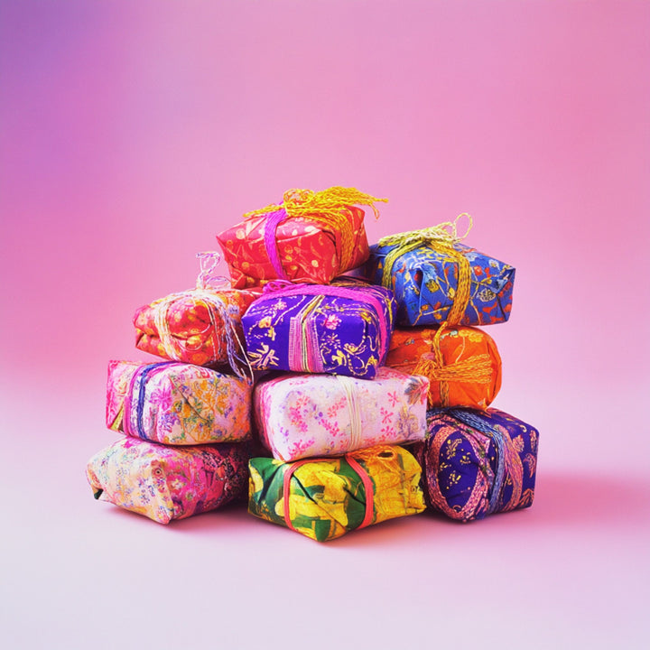 Stack of colorful, fabric-wrapped gift boxes on a pink background.