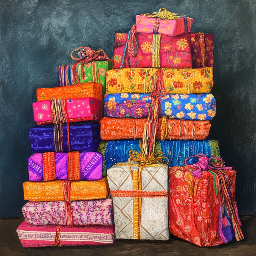 Colorful stacked presents with floral patterns and ornate ribbons.