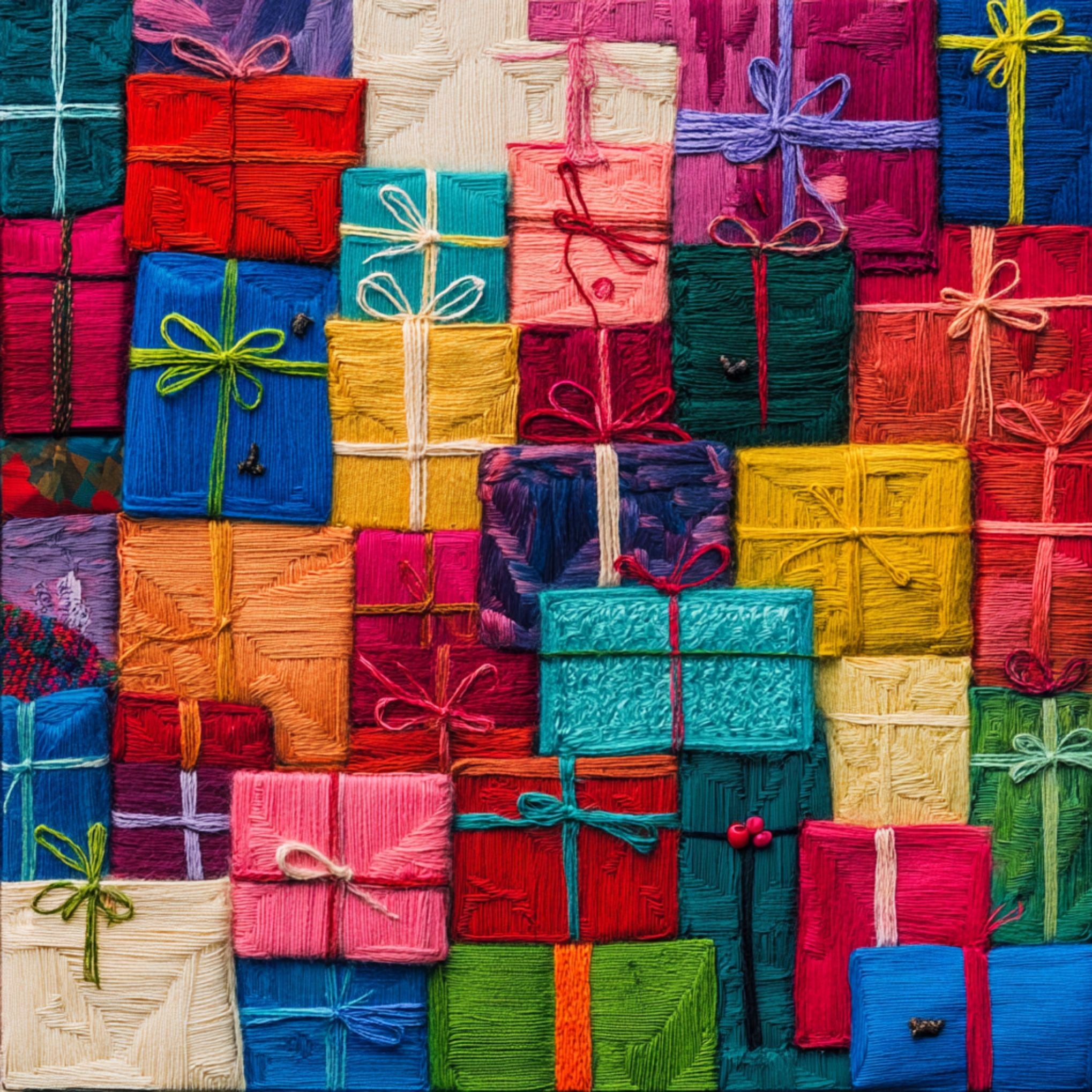 Mosaic of wrapped gifts in bright colors tied with string bows.