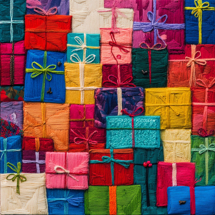 Mosaic of wrapped gifts in bright colors tied with string bows.