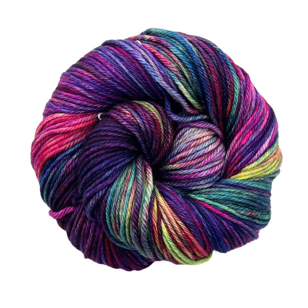 A skein of 100% merino wool Malabrigo Rios in the colorway Aniversario