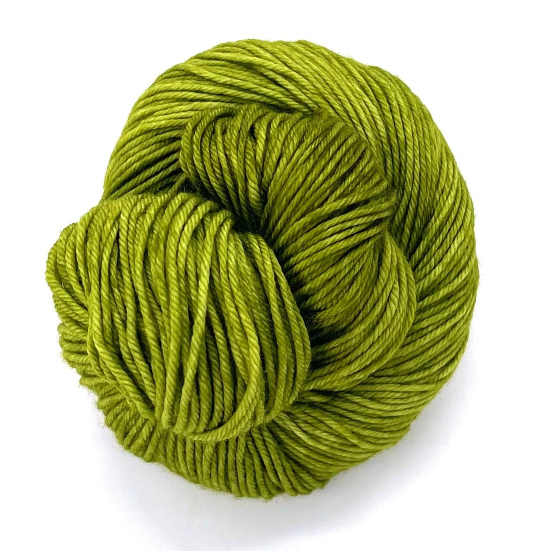 A skein of 100% merino wool Malabrigo Rios in the colorway Lettuce