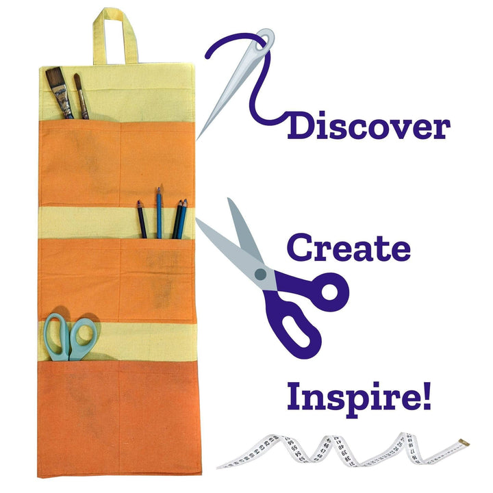 sewn organizer in front of a white background. To the right are graphic of needle and thread, scissors, and tape measure along with the words discover, create, inspire!