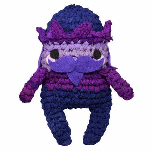 Purple amigurumi nutcracker made of silk chiffon on a white background