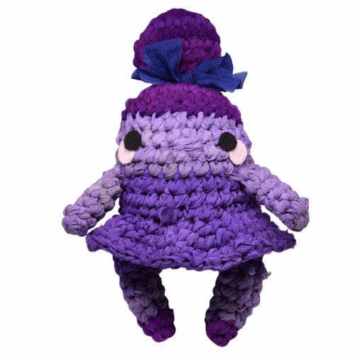 Purple amigurumi sugar plum fairy made of silk chiffon on a white background