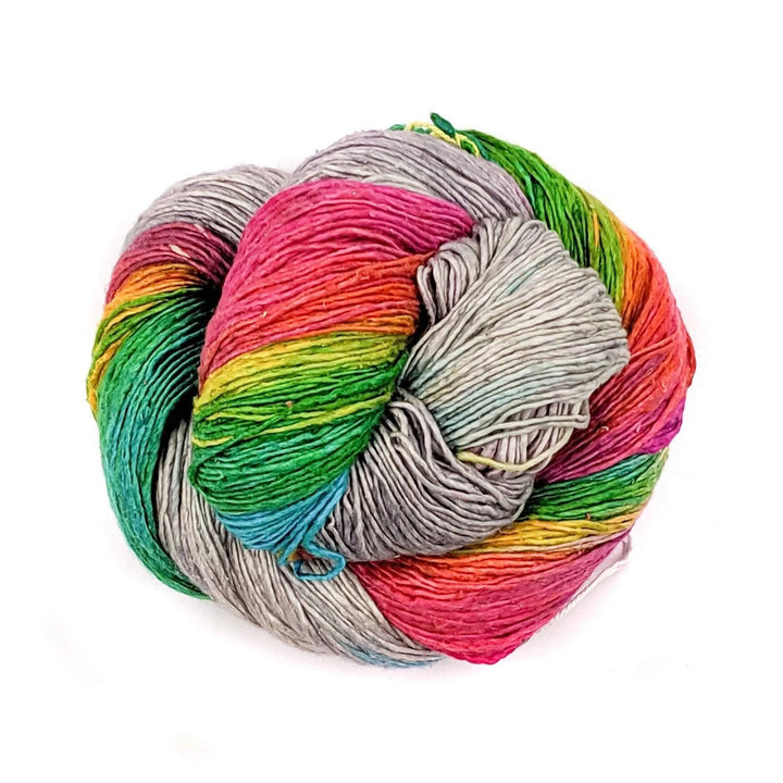 a skein of lace weight silk yarn in grey and multi colors 