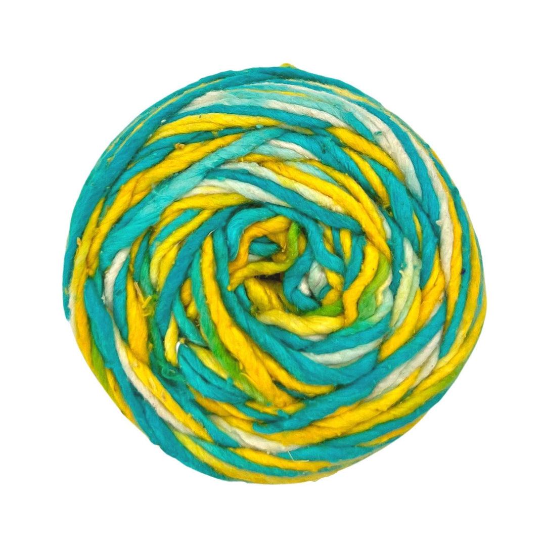 Single skien of worsted weight recycled silk yarn in ocean light (yellow, green, blue, white variegated) colorway in front of a white background.