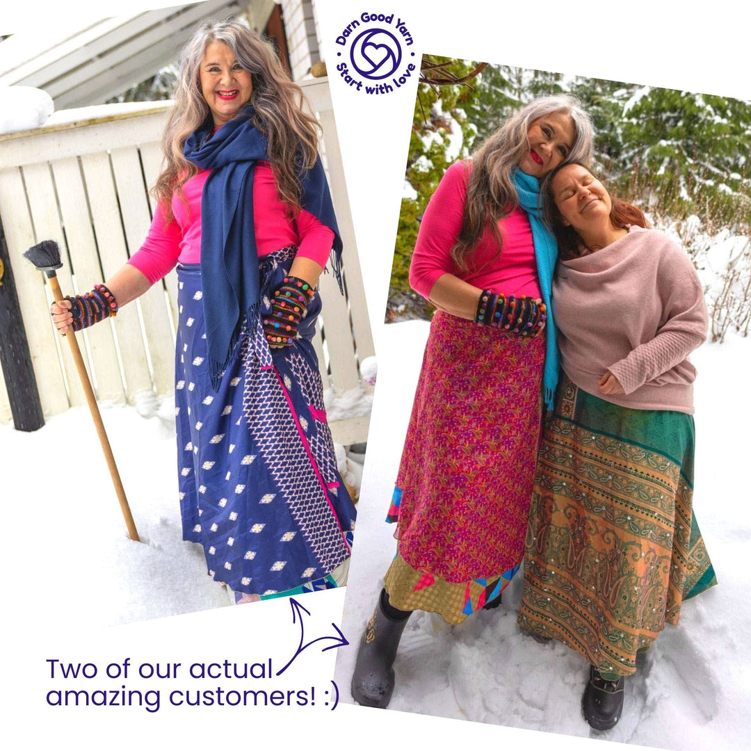 woman wearing navy and magenta sari wrap skirt in the snow