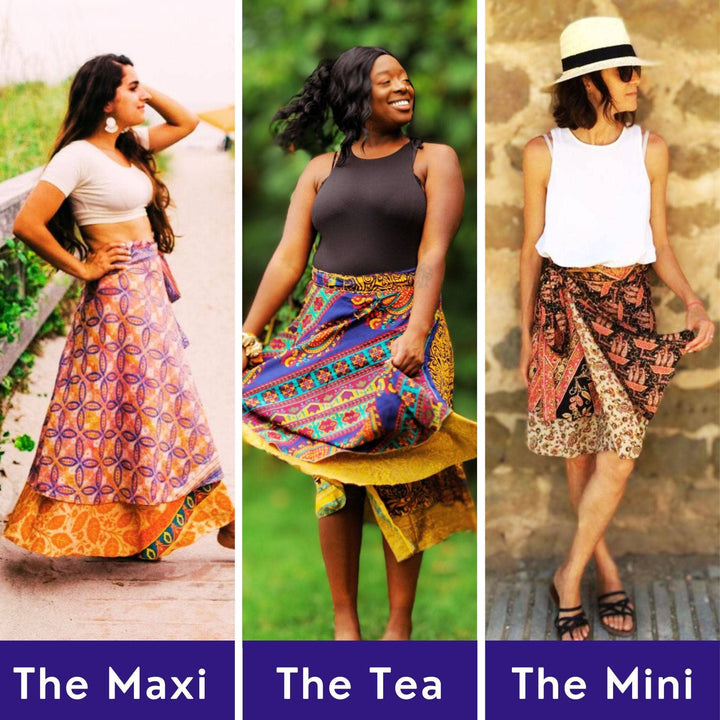 A poster of sari wrap skirt with different sizes.