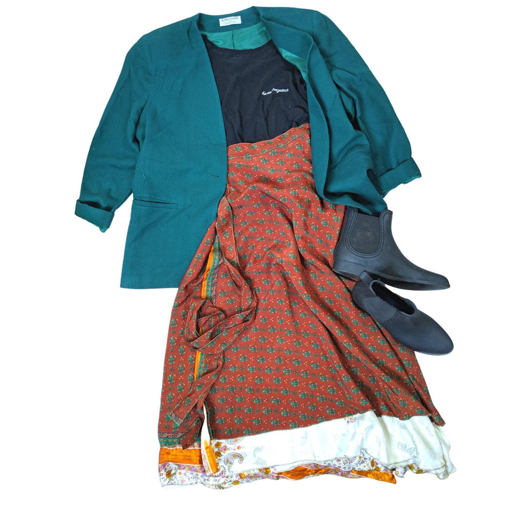 redish wrap skirt with teal blazer