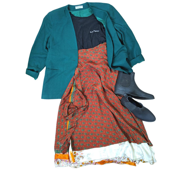 redish wrap skirt with teal blazer