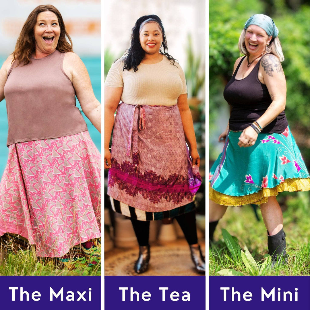 Sari wrap skirts discovery 3 pack, the maxi, the tea and the mini.