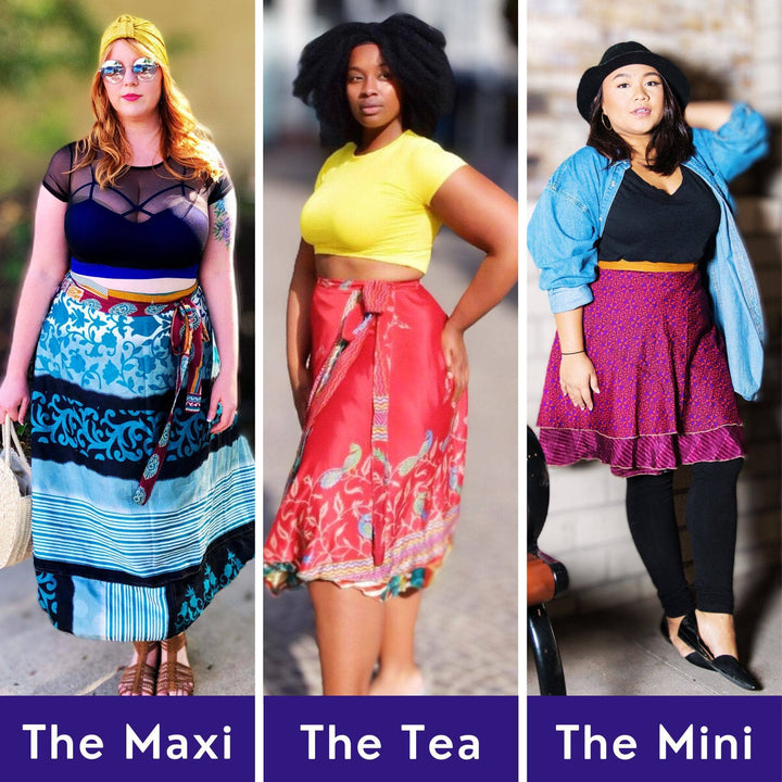 Three women modeling maxi, tea, and mini wrap skirts.