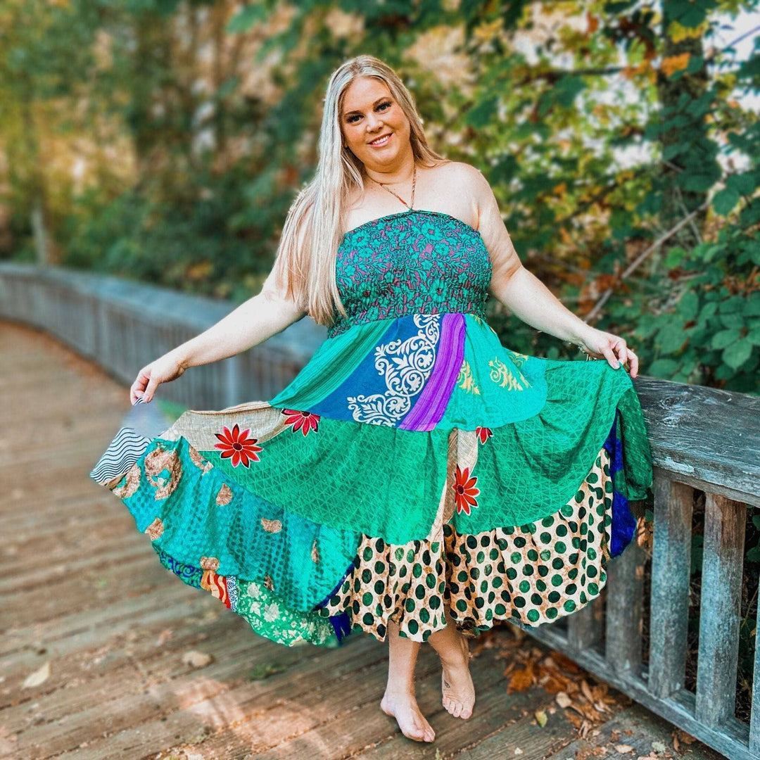 Woman wears a turquoise sedona dress