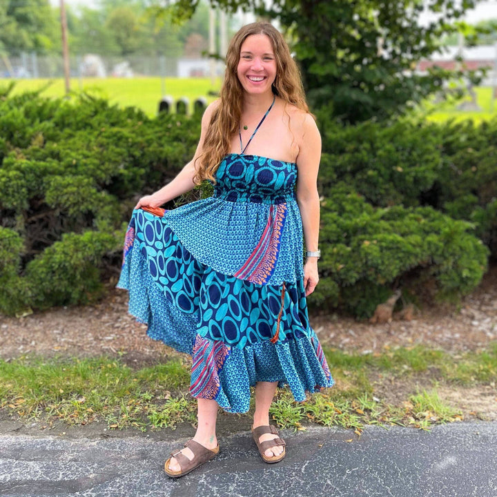 Woman wears blue tone sedona dress