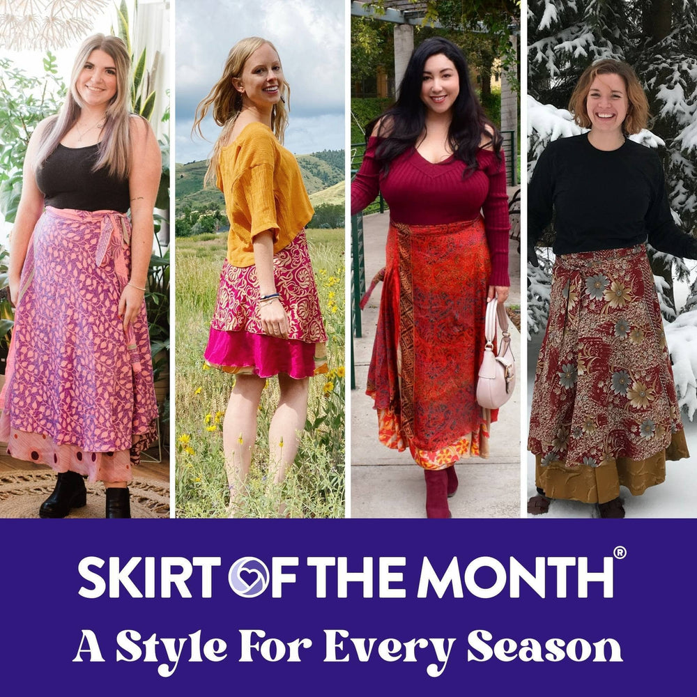 Four women in skirts pose outdoors. Text reads "SKIRT OF THE MONTH® A Style For Every Season."