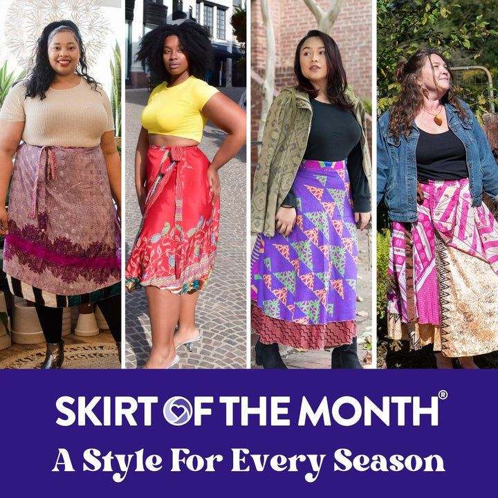 Four women modeling skirts. Text reads "SKIRT OF THE MONTH - A Style For Every Season."