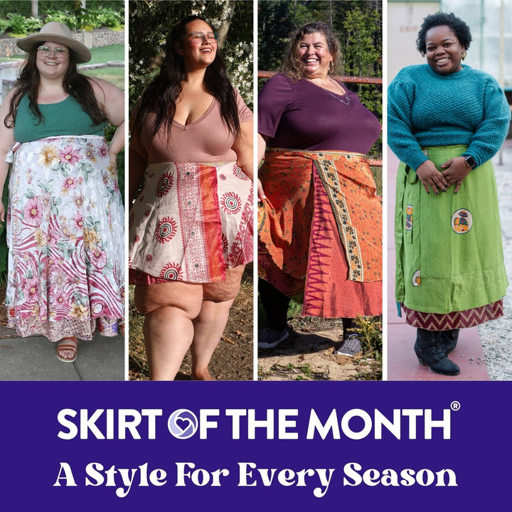 Four women wearing skirts with various patterns. Text reads "Skirt of the Month."