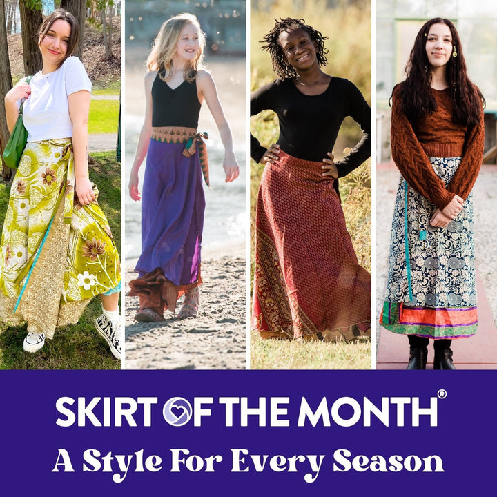 Four people in different skirts, with text "SKIRT OF THE MONTH® A Style For Every Season" below.