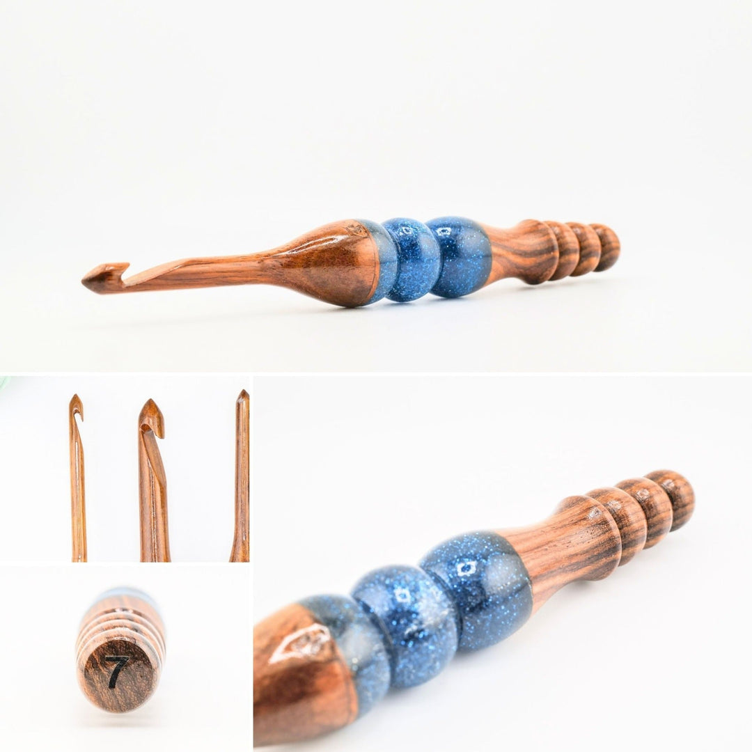 A wooden and resin crochet hooks.