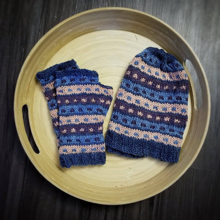 Striped blue, pink and purple hat and gloves set