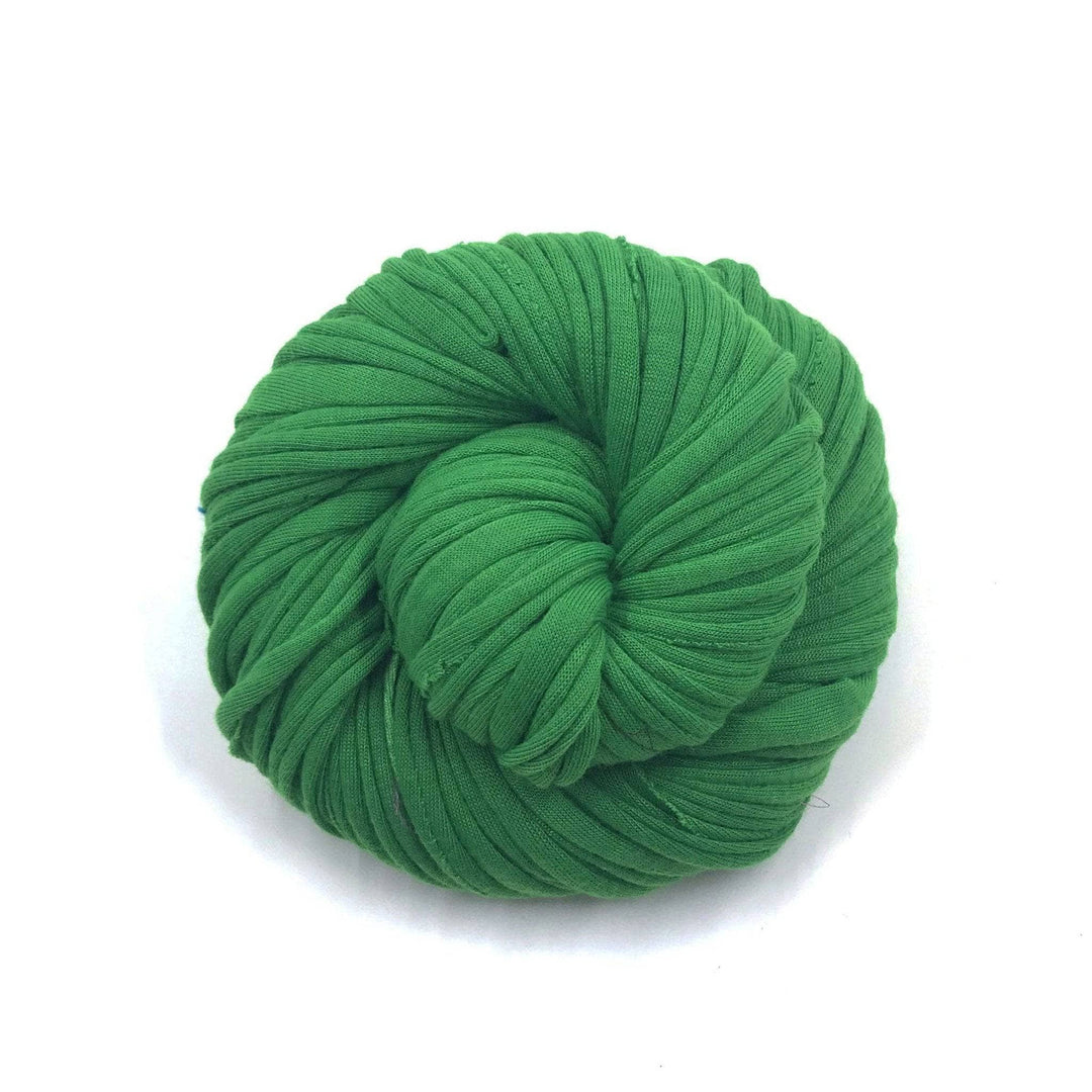 Cotton t-shirt yarn donut ball in Irish Dream (green) on white background