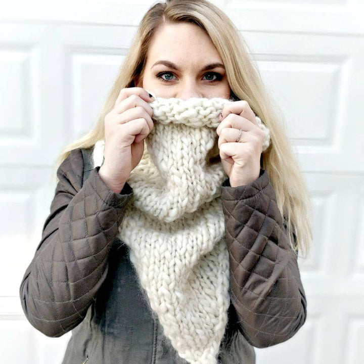 Woman wearing The Simple Style Cowl in Natural standing against white background